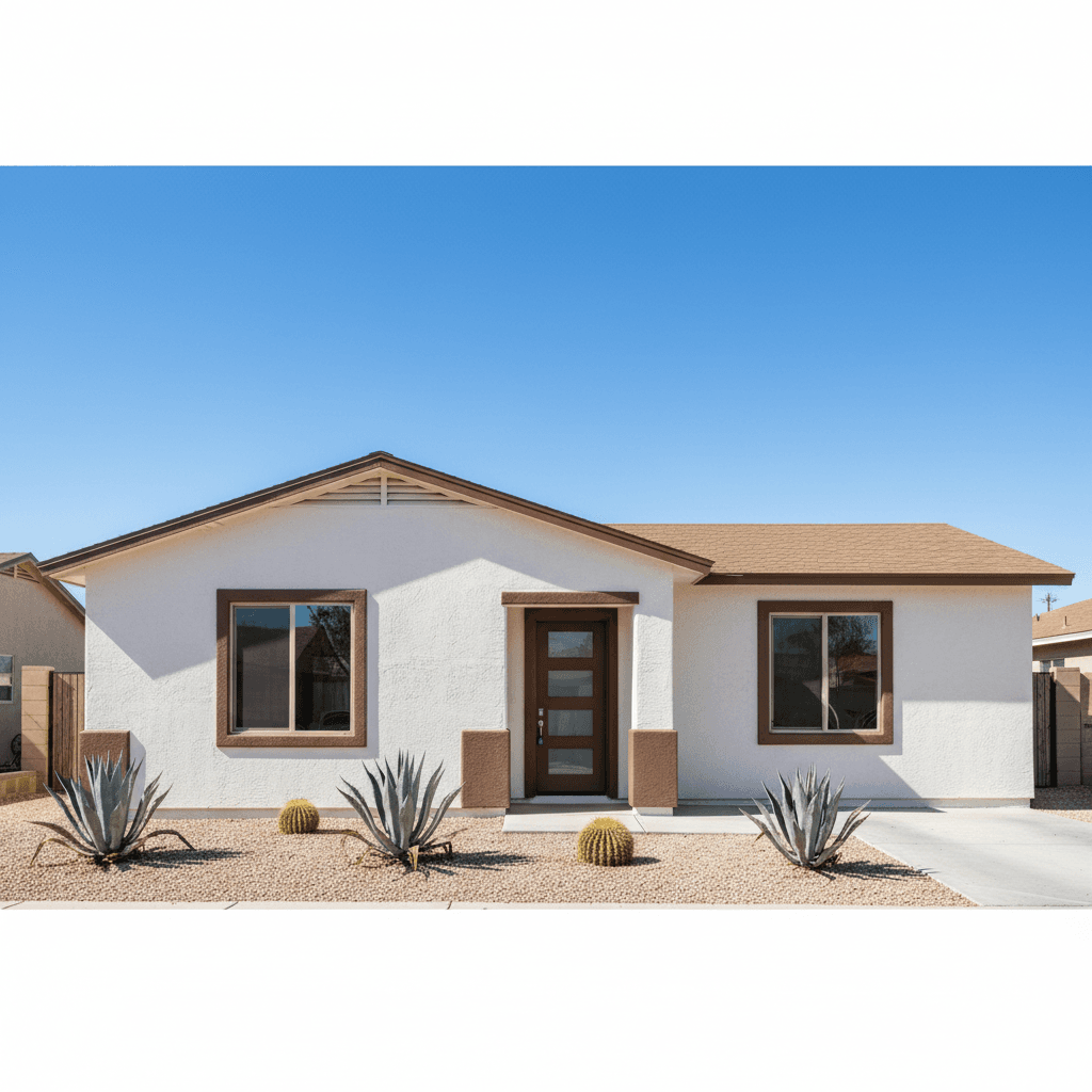 Newly painted white stucco home exterior in Mesa with desert landscaping